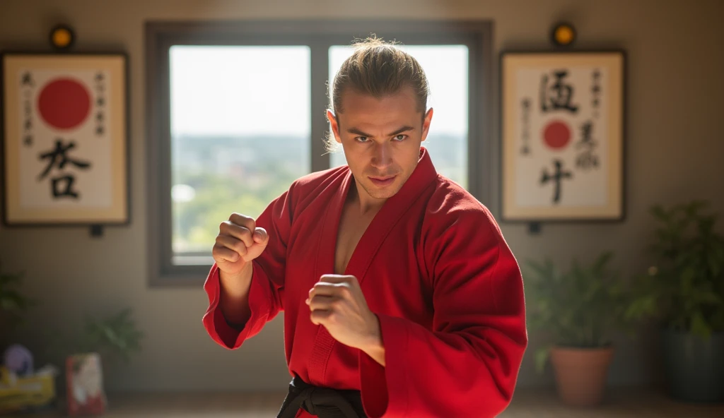 Ken
A confident fighter in a red kimono and blond hair, in a fighting stance in an urban dojo with sunlight streaming in through the large windows. Its expression is determined. Realistic photo, --ar 16:9.