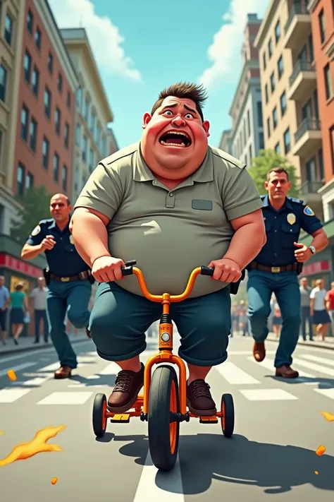 Show a fat man getting chased by police while on a tri cycle