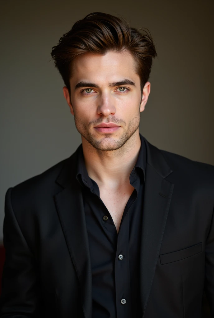 A very handsome, good looking and charming 24 year oldpakistani boy with cleam shave and a perfect jaw line with medium hairstyle like Robert Pattinson wearing black suit. Super realistic ultra HD 8k with blur background. Giving batman Vibe