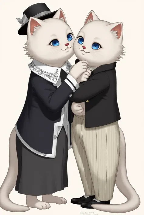  Realistic woolen two cats with big pure white fur,  with blue eyes , stand on their hind legs ,  on the right dressed in a dark white-collar dress ,  lace jacket ,  with a beautiful hat on her head , a friend я кошка в брючках,  striped ,  pants with both...