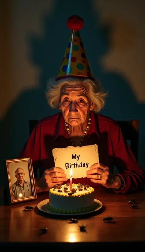 Develop a very dark indoor night scene captured in an ultra-realistic photography style. A grieving elderly American woman with a sad and lonely face sits at a dark wooden table full of cockroaches, illuminated by a dim, yellowish light from a single candl...