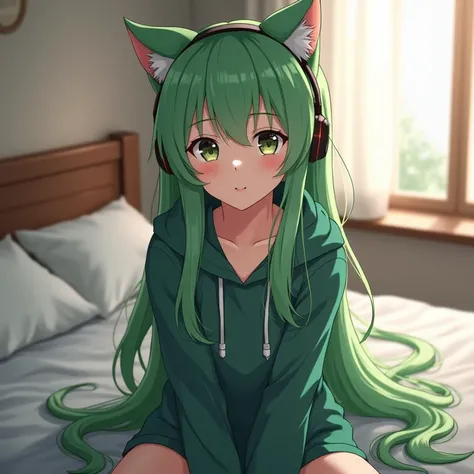  Adult anime girl sitting on the bed at home.  She has green hair and piercings .  pretty girl , hood, , earrings, earrings в виде кольца,  Cat ear headphones , makeup,  Background Blur, Anime style,  long hair, 