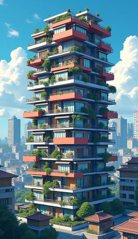 Vertical house , High, multilevel, compound, pixelated, 2D,  in bed colors,  Japanese culture ,  The modern world .