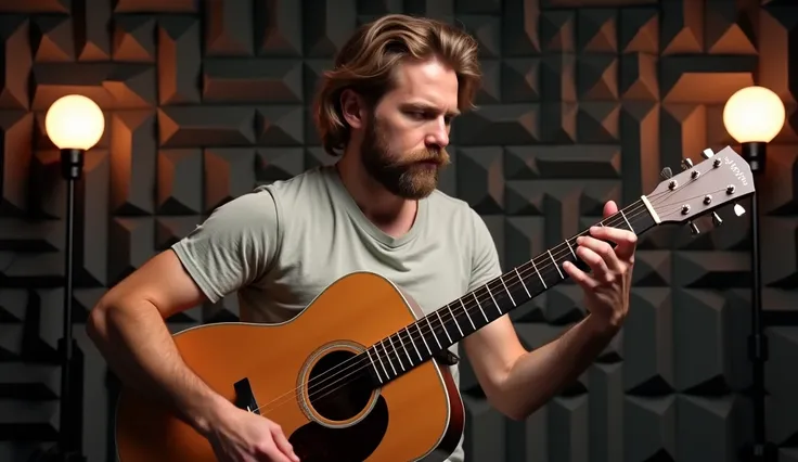 Realistic image of a man in a light t-shirt playing acoustic guitar in a studio with dark acoustic foam and modern lighting with practical lights in the background 