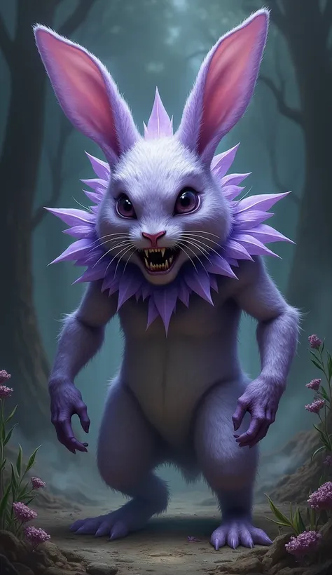 Realistic image of rabbit and lavender flower hybrid powerful and scary