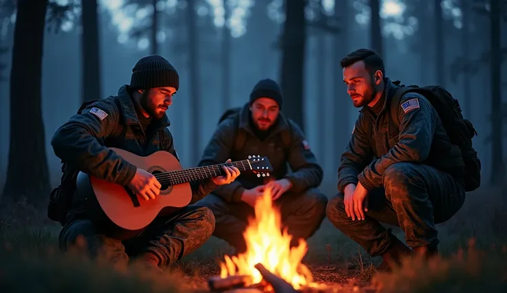 Three modern Russian soldiers sit around a campfire at night, one plays guitar  