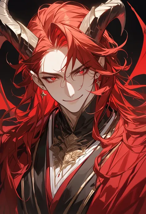 (masterpiece,  high resolution,  top quality), Alone, 1 male,  28 year old male ,  good-looking, devil,  red eyes, nobility, Upper body,  looking at viewers,  smiling ,  red long hair , dot,horn, superior,