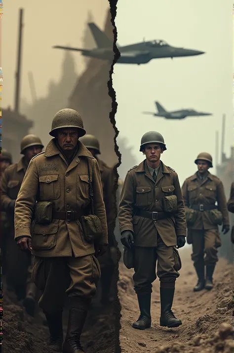 A split-screen: soldiers from WWI in trenches (sepia-toned) and WWII soldiers with modern tanks or planes in the background.

