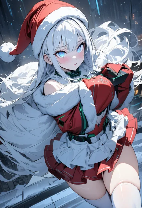 (  Masterpiece ,  best quality:1.2),  girl, (( beautiful eyes)),mechanical cyberpunk clothes,Exposing Armored Santas Clothes、Santa hat、 Mini Skirt、glossy white knee-highs、The background is a snowy town 、 dynamic movement 、Distribute gifts