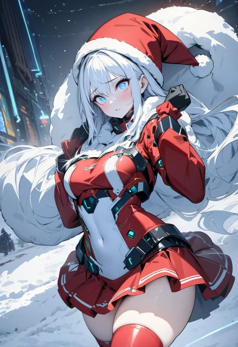 (  Masterpiece ,  best quality:1.2),  girl, (( beautiful eyes)),mechanical cyberpunk clothes,Exposing Armored Santas Clothes、Santa hat、 Mini Skirt、glossy white knee-highs、The background is a snowy town 、 dynamic movement 、Distribute gifts