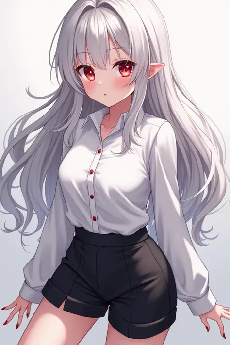  pretty girl , in anime style, nineteen years old, with red eyes ,  with long wavy hair , with hidden hair coloring :  white from the outside and black from the inside,  second-size chest ,  dressed in a white shirt and dressed in a black and short , with ...