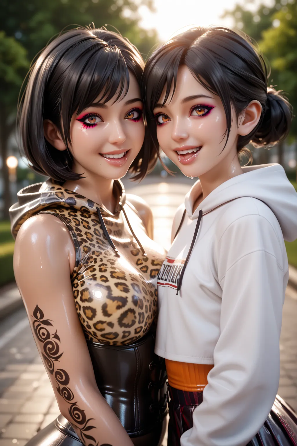  Mother and young daughter in extremely tight shiny latex sweatshirt with hood and leopard print pattern, langes Haar,  black hair, saliva, salivafluss, salivaspur, Lens reflection, Reflected light,  high resolution ,  masterpiece, Strong Makeup,smile, Spi...