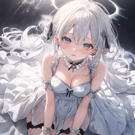  1 cute  girl ,Young Face、 slim figure、Thin legs、８Head to Body、((Beautiful white silver hair 、 light blue inner color 、 with fully trimmed ends 、Cute hairstyle that looks young ))、(( cute garter ring only on my left thigh ))、(( The white gothic dress fell ...