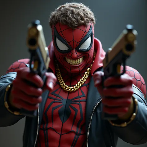 Angry Spider-Man Peter Parker with guns in his hand and gold chains and gold teeth