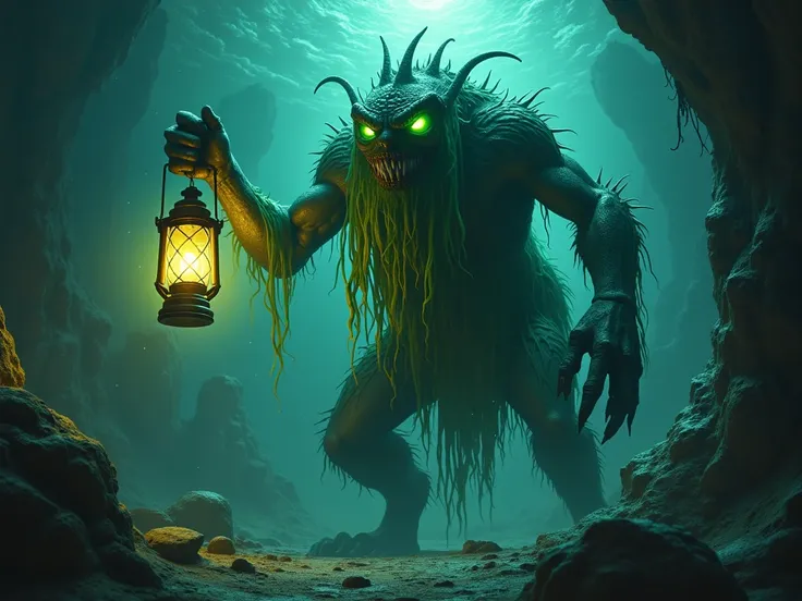 "A mythical sea monster with glowing green eyes and a long flowing beard made of seaweed, holding a glowing lantern, surrounded by a dark underwater abyss filled with swirling mystical lights, eerie atmosphere, sharp claws, and ancient ruins. Highly detail...