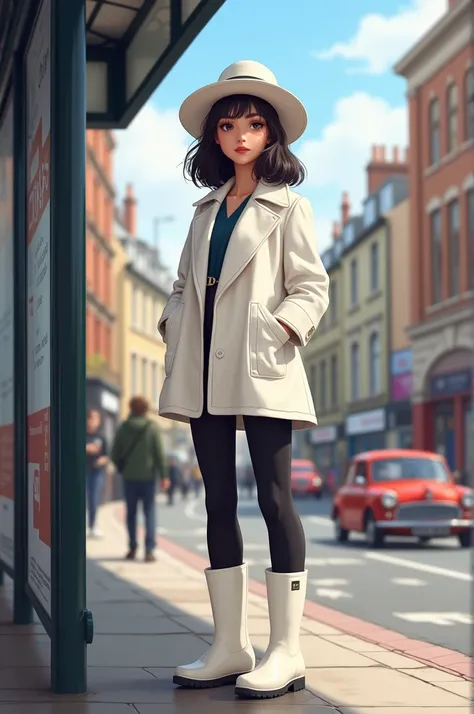 A young pretty Caucasian woman is waiting for a bus at a bus stop in a British city centre. She has dark hair and a white hat. She is wearing a short white coat, black leggings and white Wellington boots. 