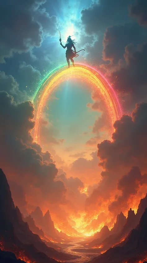 beautiful crystal-clear rainbow color transparent wide arch connecting earth and Nag dev bhole nath standing on the rainbow and blowing hunting horn . Ragnarök. everywhere burning with ruinous heavy fire.