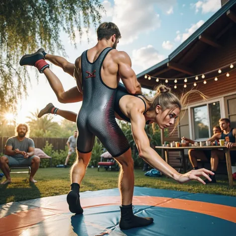 (best quality,4k,8k,highres,masterpiece:1.2),ultra-detailed,(realistic,photorealistic,photo-realistic:1.37),olympic man vs woman freestyle wrestling. mat, intricate details,highly detailed,freestyle wrestling,cute nice man wrestler, a beautiful anime full-...