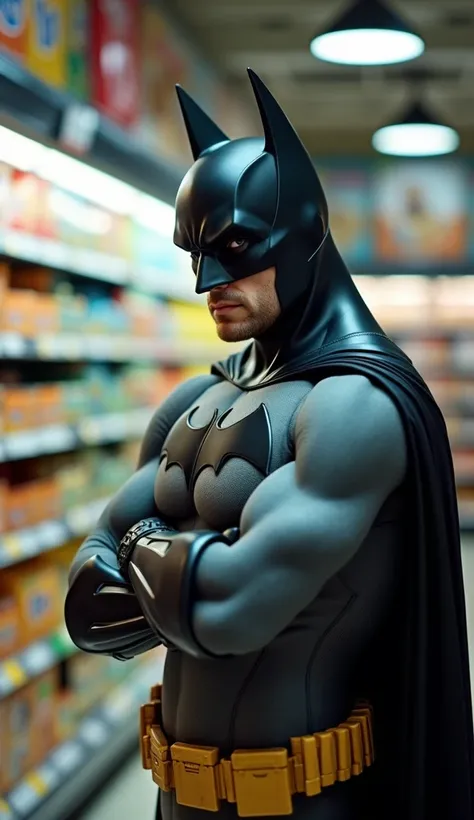 Batman is standing in front of a cereal aisle in a supermarket, with an intense and focused expression, as if hes planning a battle strategy. He is wearing his full Batman suit, including the cape and mask, but is in a modern, everyday setting like a super...