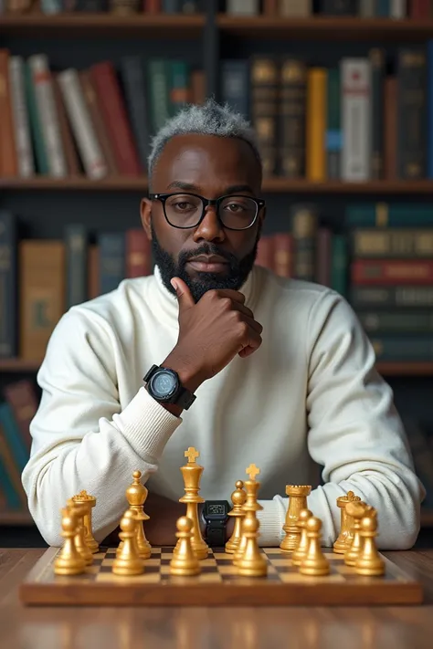 I need the photo of an African man playing a chess. Let him be wearing black framed glasses. Let him be wearing white turtle neck. Let him be wearing a digital wrist watch and a wedding ring. Let the jaw part of his bears be partially grey. Let him have a ...