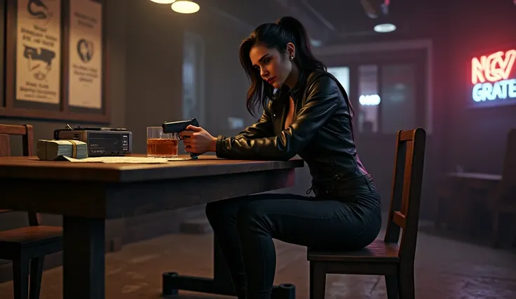 A cinematic and highly detailed image of Lucia from GTA 6 sitting on a sturdy wooden table in a dimly lit room. Lucia is wearing a stylish yet rugged outfit—dark jeans, a fitted leather jacket, and boots—exuding confidence and charisma. She is leaning slig...