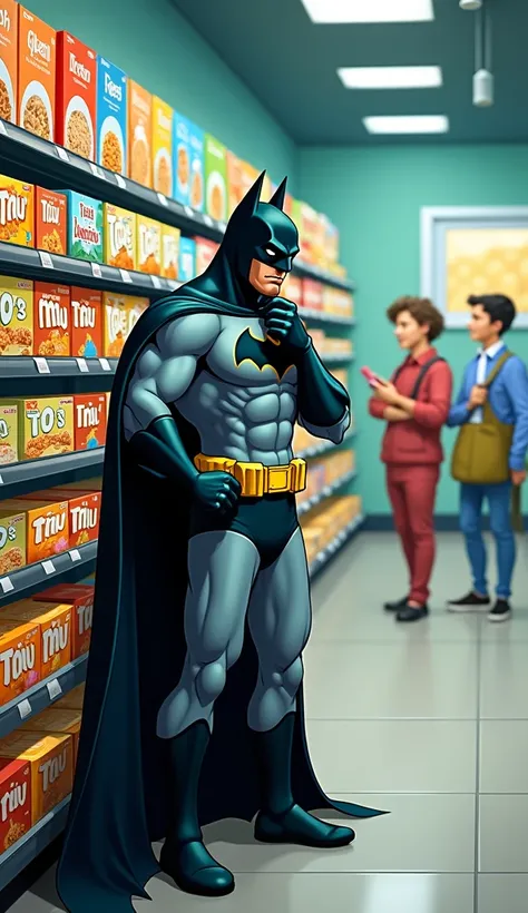 Batman stands in front of a cereal aisle in a cartoonish, exaggerated supermarket, with a dramatically intense expression, as if hes planning his next big battle. He’s wearing his full Batman suit, complete with the cape, but the scene has a playful, color...