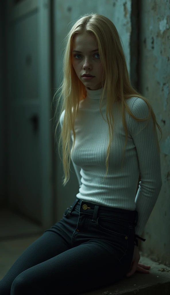 Sad 15-year-old schoolgirl in very black skinny jeans and a tight white turtleneck tucked into jeans, blonde with long , with straight hair , blue-eyed, slim, Low, average butt, hands are handcuffed behind her back , in a prison cell, side view,  Style Rea...