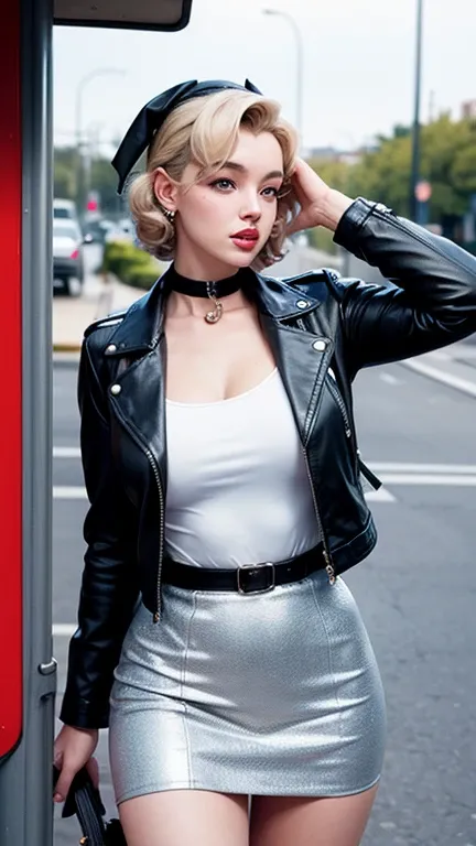 hyperrealistic illustration, a beautiful woman standing at a buss stop, like Marilyn Monroe, wearing a short skirt and black leather jacket, wearing a head band, carrying a violin, low angle view
