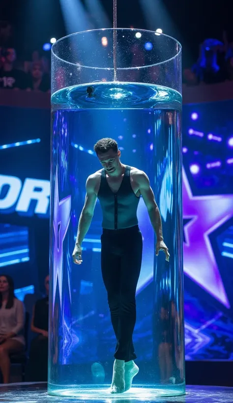 A highly detailed and realistic image of a man inside a large glass aquarium on the stage of a talent show resembling Got Talent. The aquarium is filled with crystal-clear water, and the man is submerged up to his waist, wearing a sleek, modern outfit, loo...