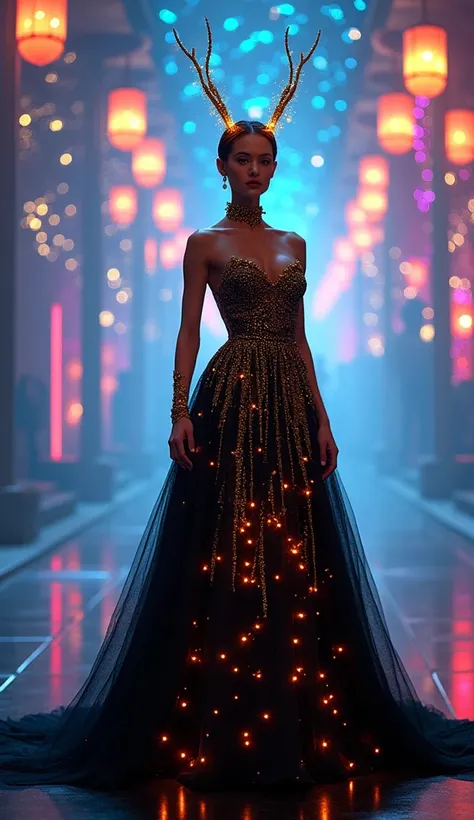 "An ethereal humanoid woman with a firefly’s head, her luminous antennae and glowing accents seamlessly integrated into a couture gown with a dark, starry design and golden highlights. She poses confidently on a runway surrounded by neon lights shaped like...