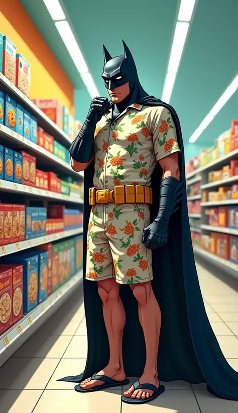 Batman is standing in front of a cereal aisle in a cartoonish supermarket, wearing casual vacation clothes but still sporting his iconic mask and cape. He’s dressed in a Hawaiian shirt, shorts, and flip-flops, but his serious expression and unmistakable Ba...