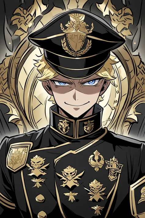 "An anime-style illustration of a charismatic teenage boy with blonde hair and blue eyes, styled in the art style of Classroom of the Elite. He is wearing a sleek black military uniform with detailed gold accents, including a long black leather coat, black...