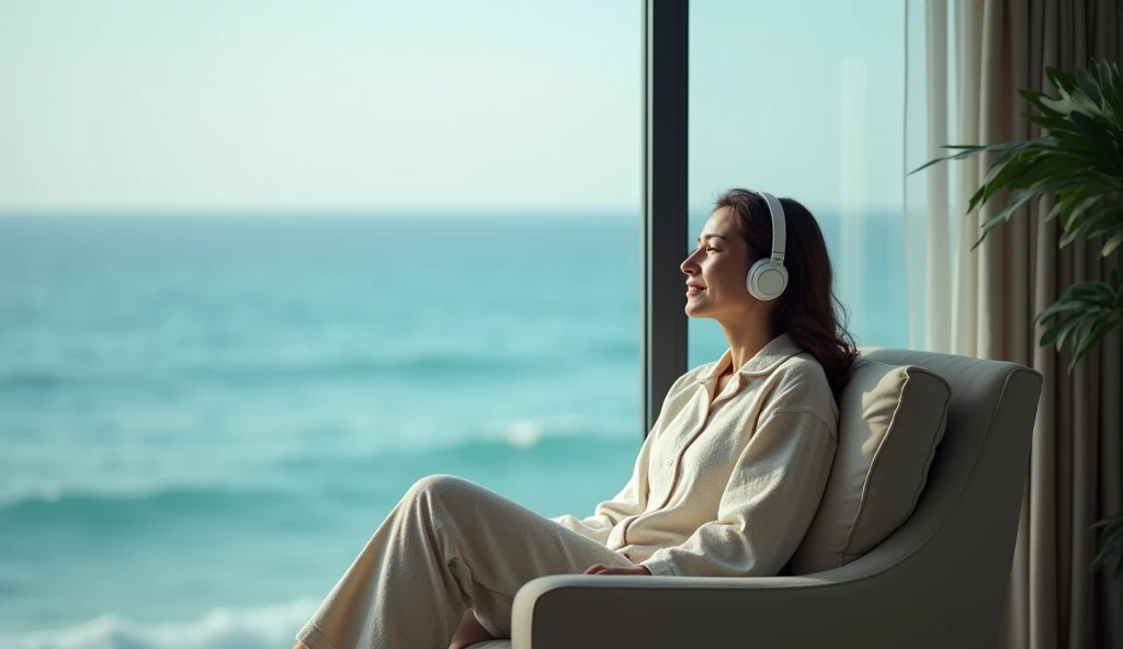    features a 45-year-old woman dressed in pajamas and headphones, (    sitting in a comfortable armchair    ) The background of the beautiful image of the ocean