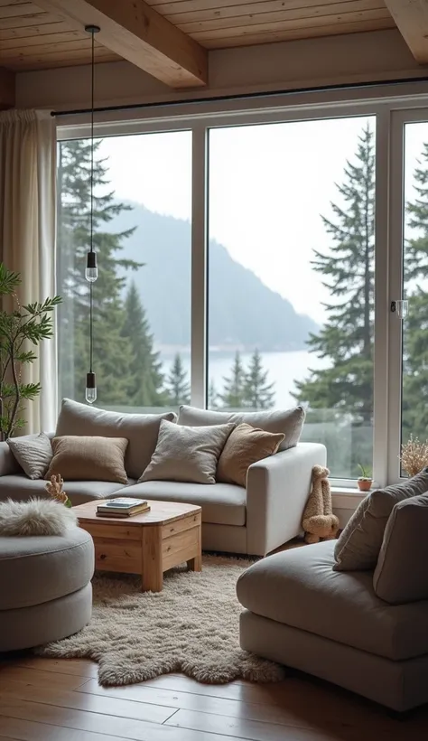 A living room with a cozy atmosphere in the Scandinavian design style with a view.