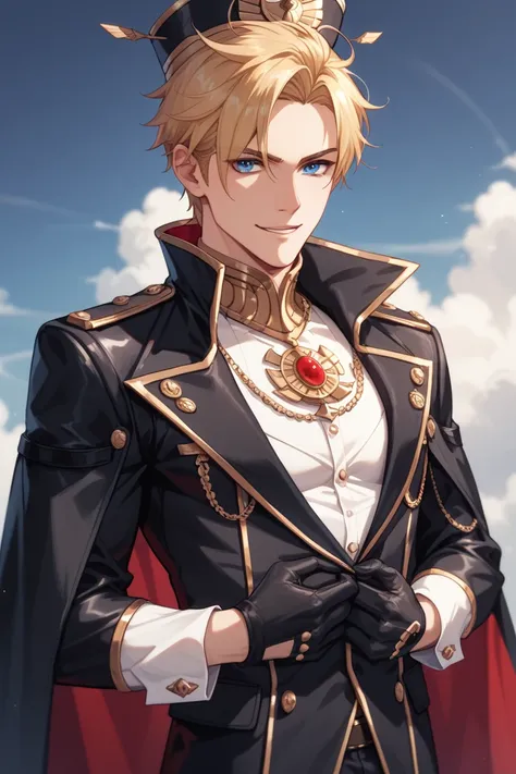 "An anime-style illustration of a charismatic teenage boy with blonde hair and blue eyes, styled in the art style of Classroom of the Elite. He is wearing a sleek black military uniform with detailed gold accents, including a long black leather coat, black...