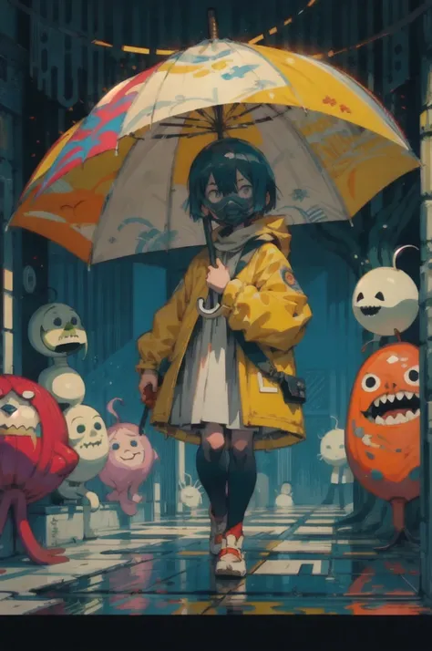 a girl,wearing yellow raincoat,araffe walking in the dark with an umbrella in a jail cell, little nightmares, six from little nightmares, inspired by Goro Fujita, limbo game, still from horror movie, horror video game, yume nikki, indie video game horror, ...