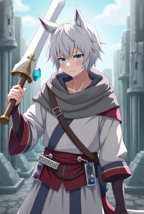 One with short white hair stuck ,  holding a frayed fallen sword ,  his clothes are white with red and several potions in his red belt,  on top of his clothes a gray hoodie ,  he has a distressed face and looks very tired ,  around him has a ruined city , ...