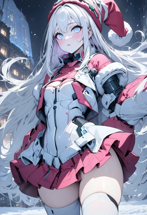 (  Masterpiece ,  best quality:1.2),  girl, (( beautiful eyes)),White Hair、(( inner color is pink))、mechanical cyberpunk clothes,Exposing Armored Santas Clothes、Santa hat、 Mini Skirt、glossy white knee-highs、The background is a snowy town 、 dynamic movement...