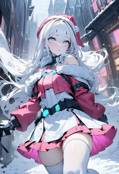 (  Masterpiece ,  best quality:1.2),  girl, (( beautiful eyes)),White Hair、(( inner color is pink))、mechanical cyberpunk clothes,Exposing Armored Santas Clothes、Santa hat、 Mini Skirt、glossy white knee-highs、The background is a snowy town 、 dynamic movement...