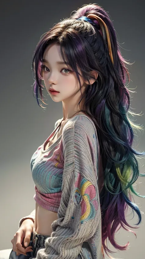 ( large silhouette top with colorful colors, casual clothing and mode type :1.0), 8k wallpaper, wonderful, (masterpiece), ( top quality), ( Very detailed ), (illustration), ( extremely delicate and beautiful ),dynamic angle,rainbow hair , Detailed and cute...