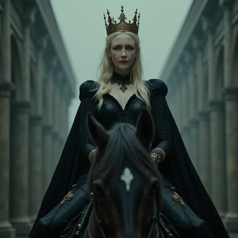 The camera rises slowly from a partial close-up of the feet of a rider on a horse, and eventually reaches the face of the female rider, who looks ahead with a determined expression. The woman is a queen with a golden crown, blonde hair, pale skin, green ey...