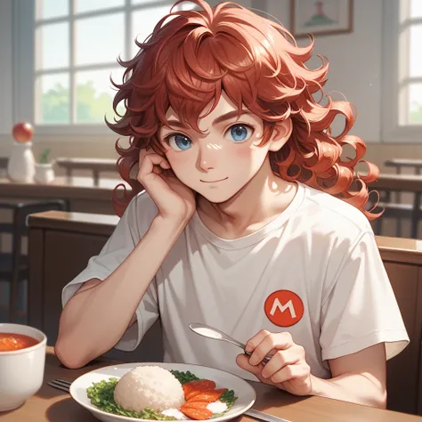 Create a cute boy ,  black and friendly ,  with curly hair some red curls and others black wearing a Mario BrosHigh resolution shirt, Alone,  wavy hair, Rice, anime,  anime style , 