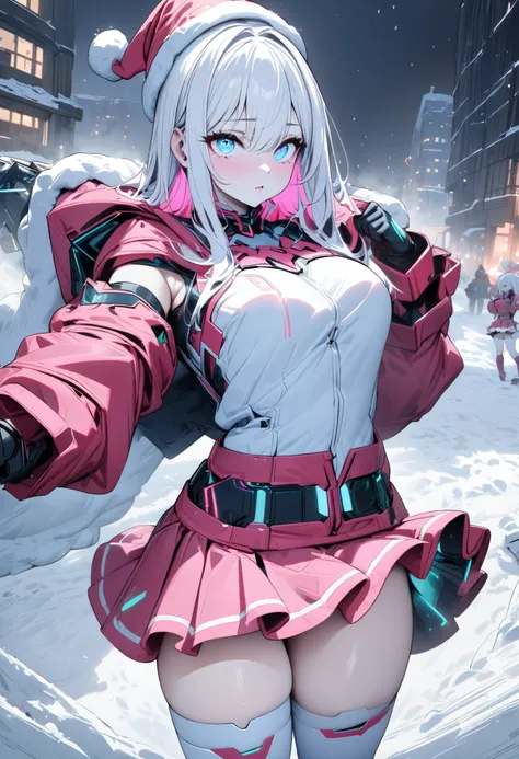 (  Masterpiece ,  best quality:1.2),  girl, (( beautiful eyes)),White Hair、((( inner color is pink)))、mechanical cyberpunk clothes,Exposing Armored Santas Clothes、Santa hat、 Mini Skirt、glossy white knee-highs、The background is a snowy town 、 dynamic moveme...