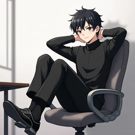 Whole body, black Gakuran Outfit clothes, black and white shoes,Nice man, Alone, sitting on a chair, black hair, black eyes, anime, sitting on a chair, feet kicked up on desk pose, smirking,hands behind neck 