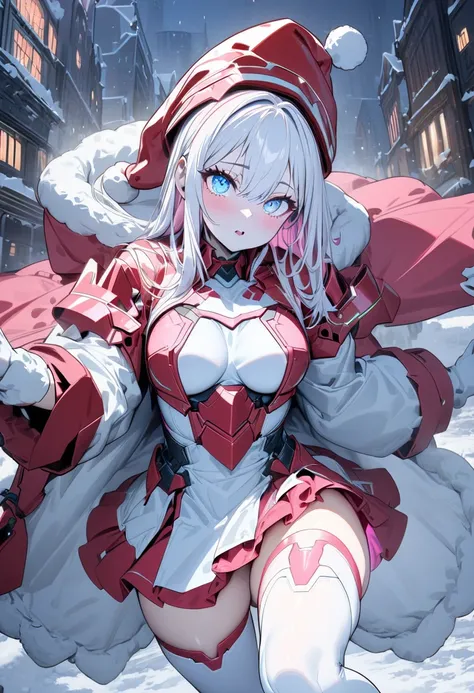 (  Masterpiece ,  best quality:1.2),  girl, (( beautiful eyes)),White Hair、((( inner color is pink)))、mechanical cyberpunk clothes,Exposing red armored Santa clothes、Santa hat、 Mini Skirt、glossy white knee-highs、The background is a snowy town 、 dynamic mov...