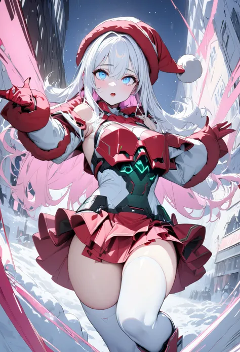 (  Masterpiece ,  best quality:1.2),  girl, (( beautiful eyes)),White Hair、((( inner color is pink)))、mechanical cyberpunk clothes,Exposing red armored Santa clothes、Santa hat、 Mini Skirt、glossy white knee-highs、The background is a snowy town 、 dynamic mov...