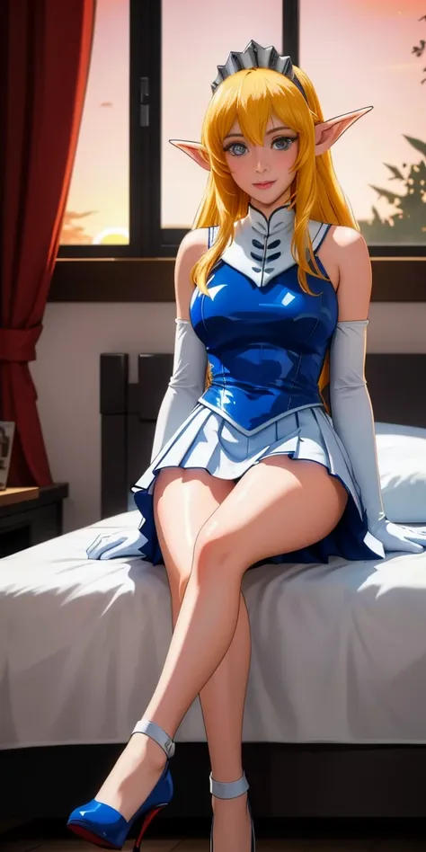 high resolution, masterpiece, high quality, perfect face, perfect eyes, Princess Nina Aslato, long blonde hair, long elf ears, tiara, blue leotard, miniskirt, high heels, feet together, white elbow gloves, huge breasts, cheerful, bedroom background (indoor...