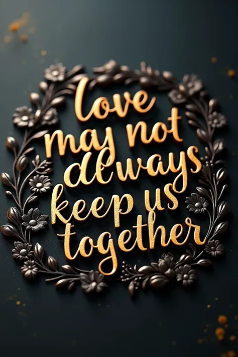 Hyper realistic 3D typography design with the text "Love may not always keep us together". The text is written in cursive script with gold colored letters. The letters are placed on a nameplate made of metal decorated with intricate floral carvings. The ba...