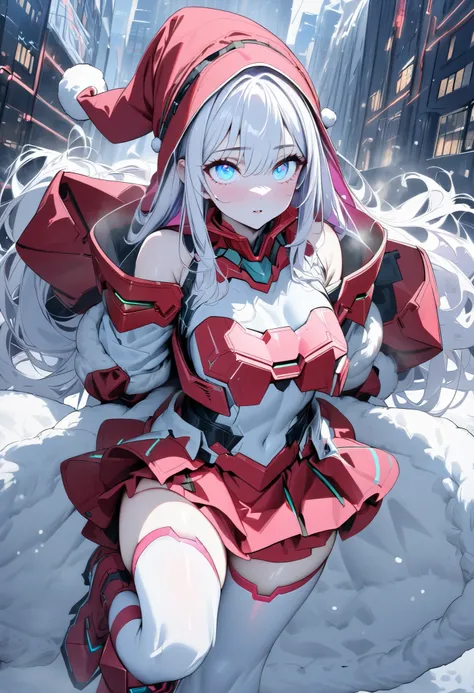 (  Masterpiece ,  best quality:1.2),  girl, (( beautiful eyes)),White Hair、((( inner color is pink)))、mechanical cyberpunk clothes,Exposing red armored Santa clothes、Santa hat、 Mini Skirt、glossy white knee-highs、The background is a snowy town 、 dynamic mov...