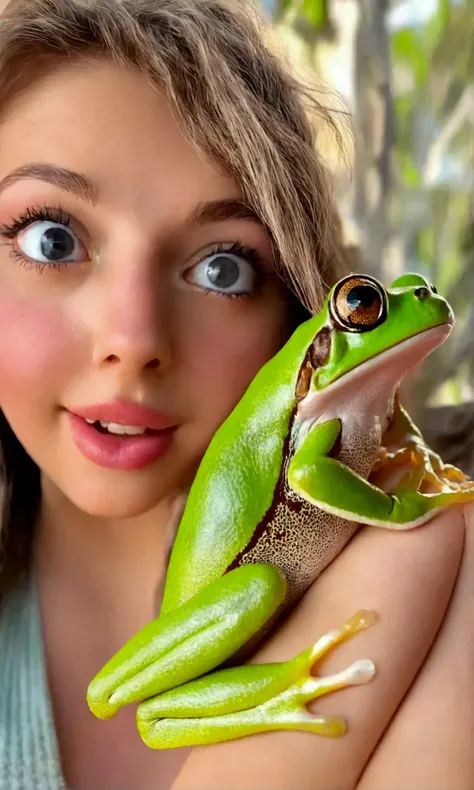 A cute tree frog ( cute woman, amazing tits and ass, colorful frog bikini, age 20, frog eye helmet, looking sexy and is adorably looking to the sky in panic, she is in a bird silhouette on a leaf she is stalking bugs from, sunny day, show all of her, gyno ...